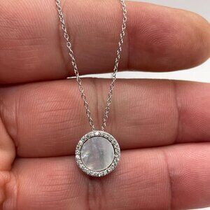 Mother of pearl round pendant necklace lab created diamonds 925 sterling silver